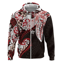 Monstera Plumeria Flowers Red Zip Hoodie Polynesian Pattern