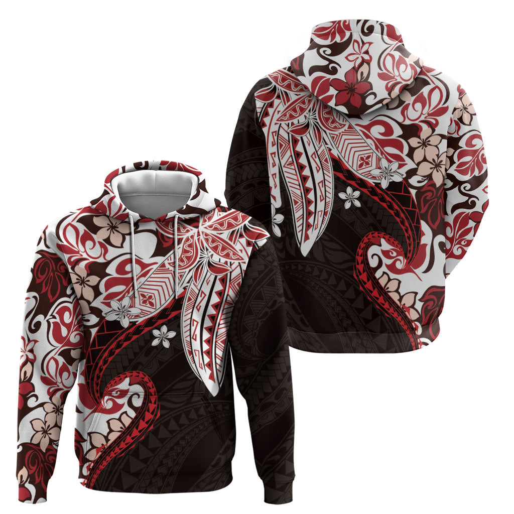 Monstera Plumeria Flowers Red Zip Hoodie Polynesian Pattern