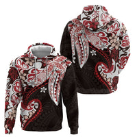 Monstera Plumeria Flowers Red Zip Hoodie Polynesian Pattern
