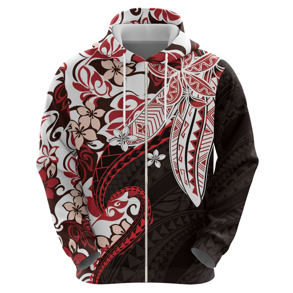 Monstera Plumeria Flowers Red Zip Hoodie Polynesian Pattern