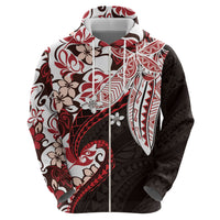 Monstera Plumeria Flowers Red Zip Hoodie Polynesian Pattern