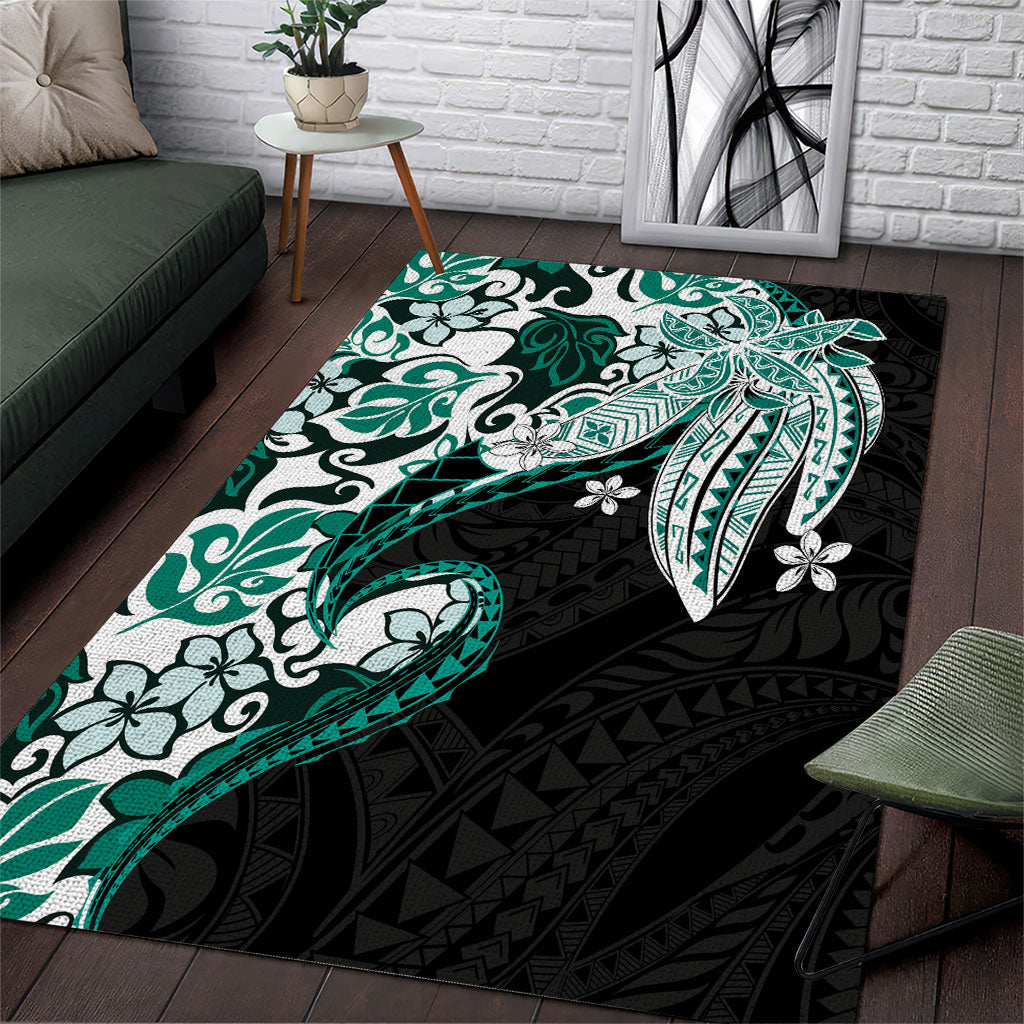 Monstera Plumeria Flowers Teal Area Rug Polynesian Pattern LT01 Teal - Polynesian Pride
