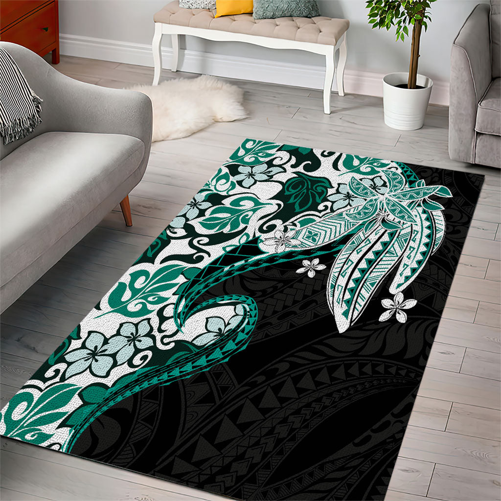 Monstera Plumeria Flowers Teal Area Rug Polynesian Pattern LT01 - Polynesian Pride