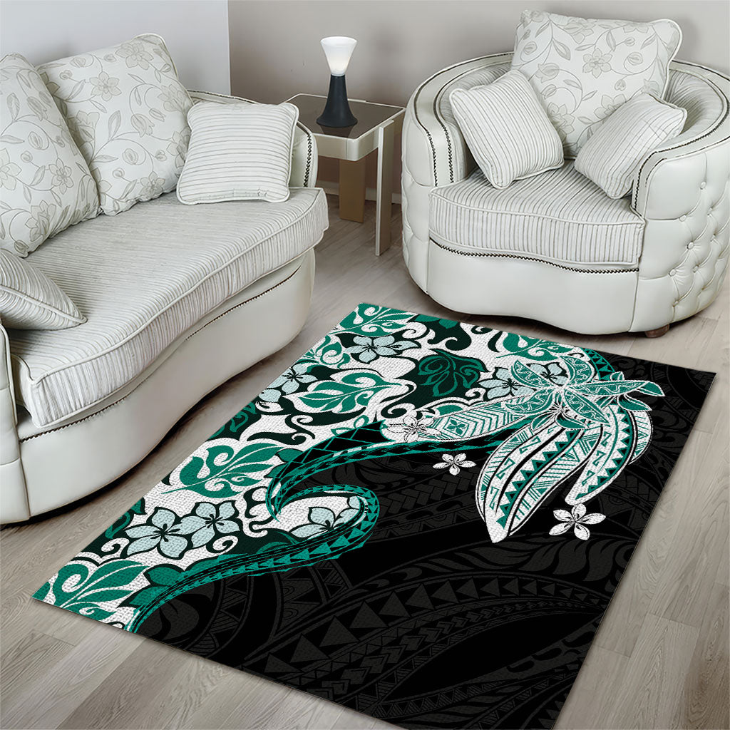 Monstera Plumeria Flowers Teal Area Rug Polynesian Pattern LT01 - Polynesian Pride