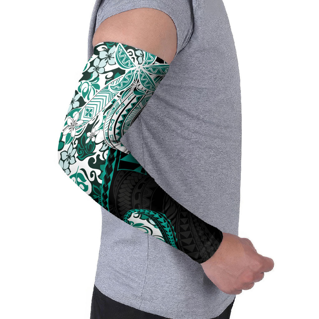 Monstera Plumeria Flowers Teal Arm Sleeves Polynesian Pattern LT01 - Polynesian Pride
