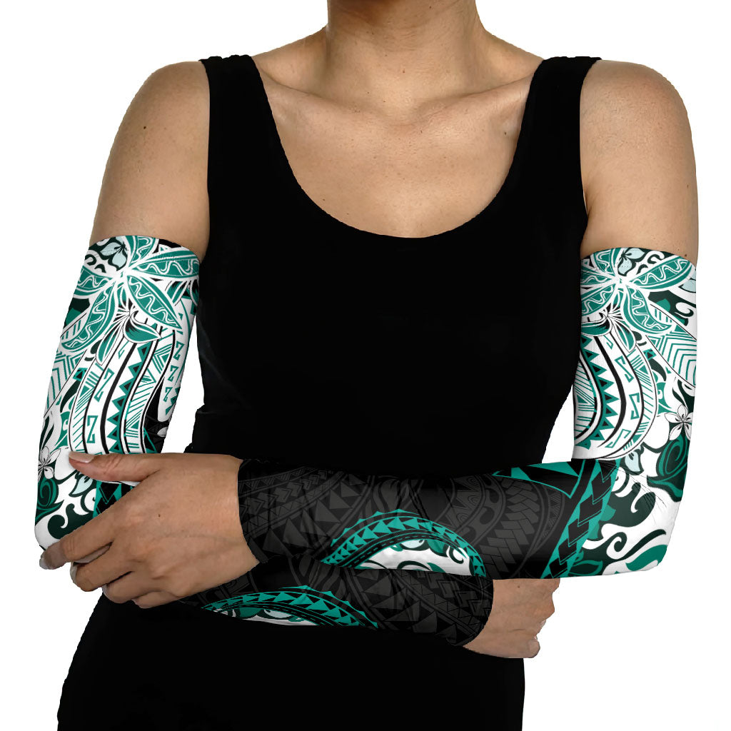 Monstera Plumeria Flowers Teal Arm Sleeves Polynesian Pattern LT01 - Polynesian Pride