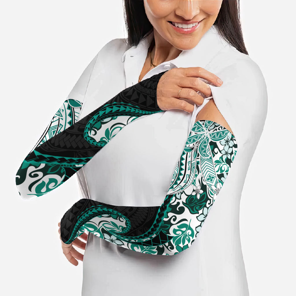 Monstera Plumeria Flowers Teal Arm Sleeves Polynesian Pattern LT01 - Polynesian Pride