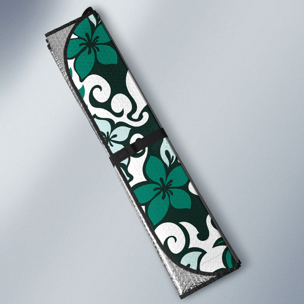 Monstera Plumeria Flowers Teal Auto Sun Shade Polynesian Pattern LT01 - Polynesian Pride