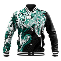 Monstera Plumeria Flowers Teal Baseball Jacket Polynesian Pattern