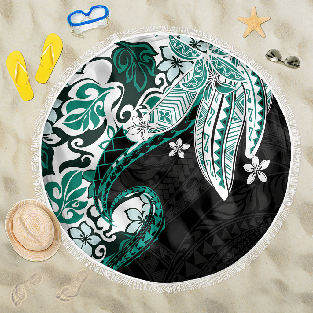 Monstera Plumeria Flowers Teal Beach Blanket Polynesian Pattern LT01 One Size 150cm Teal - Polynesian Pride