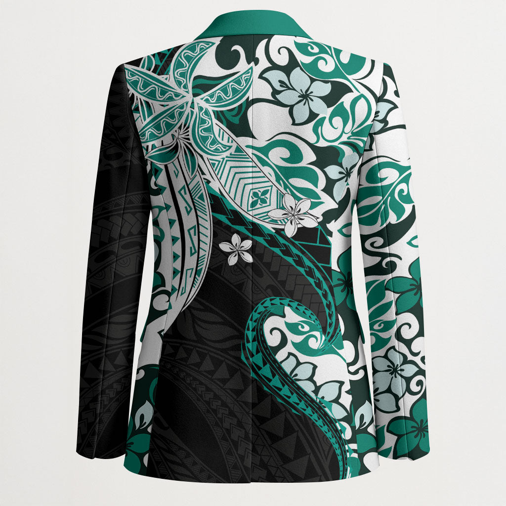 Monstera Plumeria Flowers Teal Blazer Polynesian Pattern LT01 - Polynesian Pride