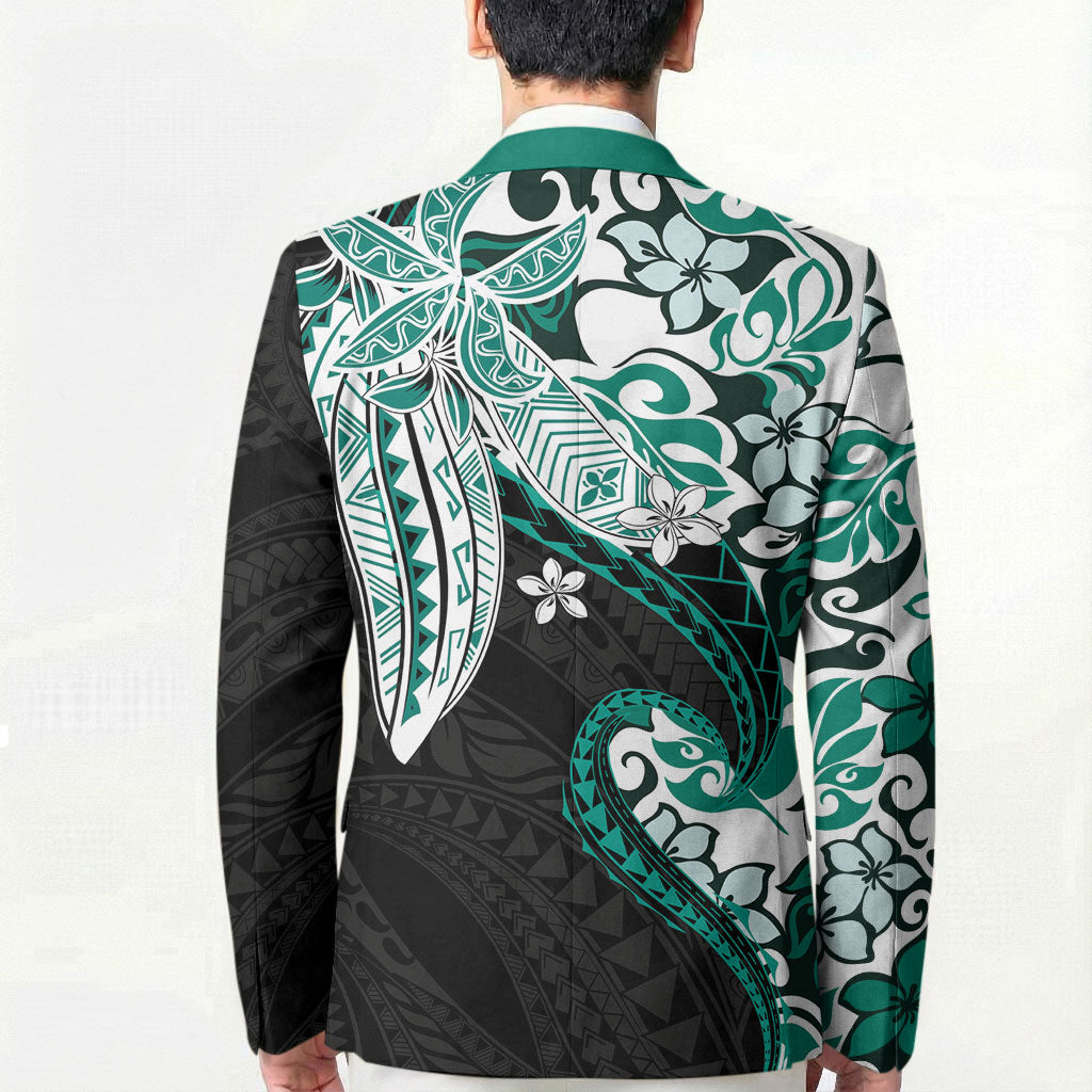 Monstera Plumeria Flowers Teal Blazer Polynesian Pattern LT01 - Polynesian Pride