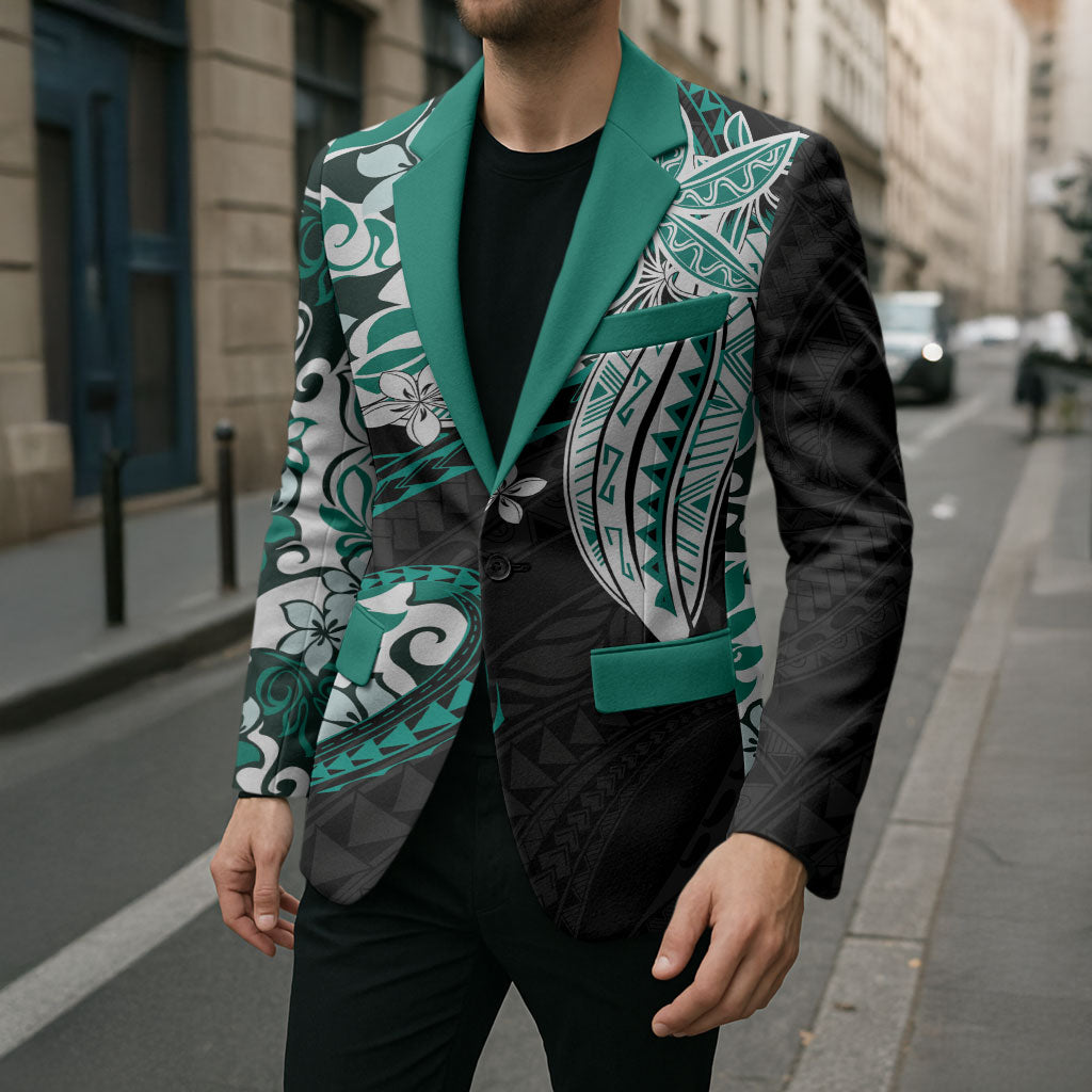 Monstera Plumeria Flowers Teal Blazer Polynesian Pattern LT01 - Polynesian Pride