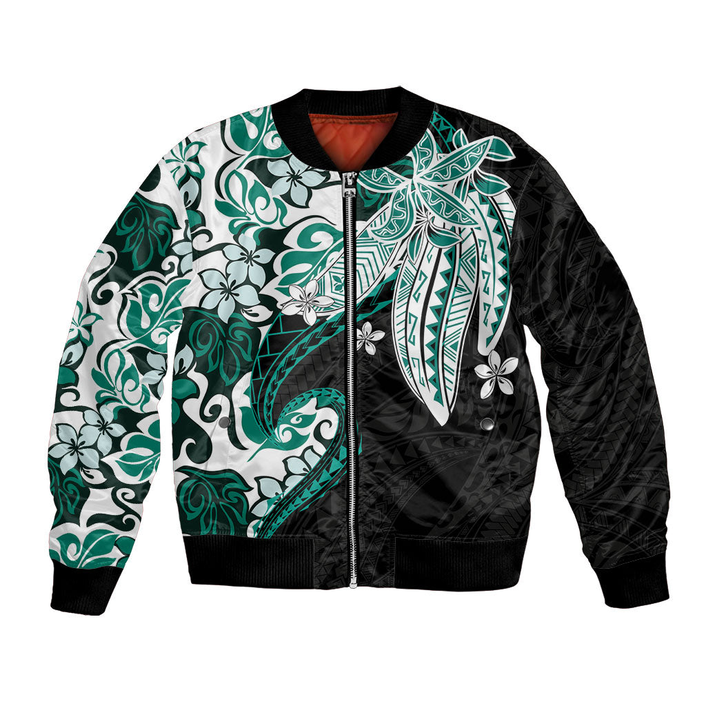 Monstera Plumeria Flowers Teal Bomber Jacket Polynesian Pattern LT01 Unisex Teal - Polynesian Pride