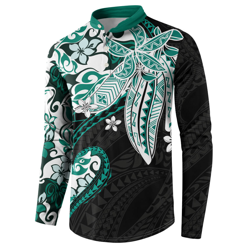 Monstera Plumeria Flowers Teal Button Sweatshirt Polynesian Pattern LT01 - Polynesian Pride