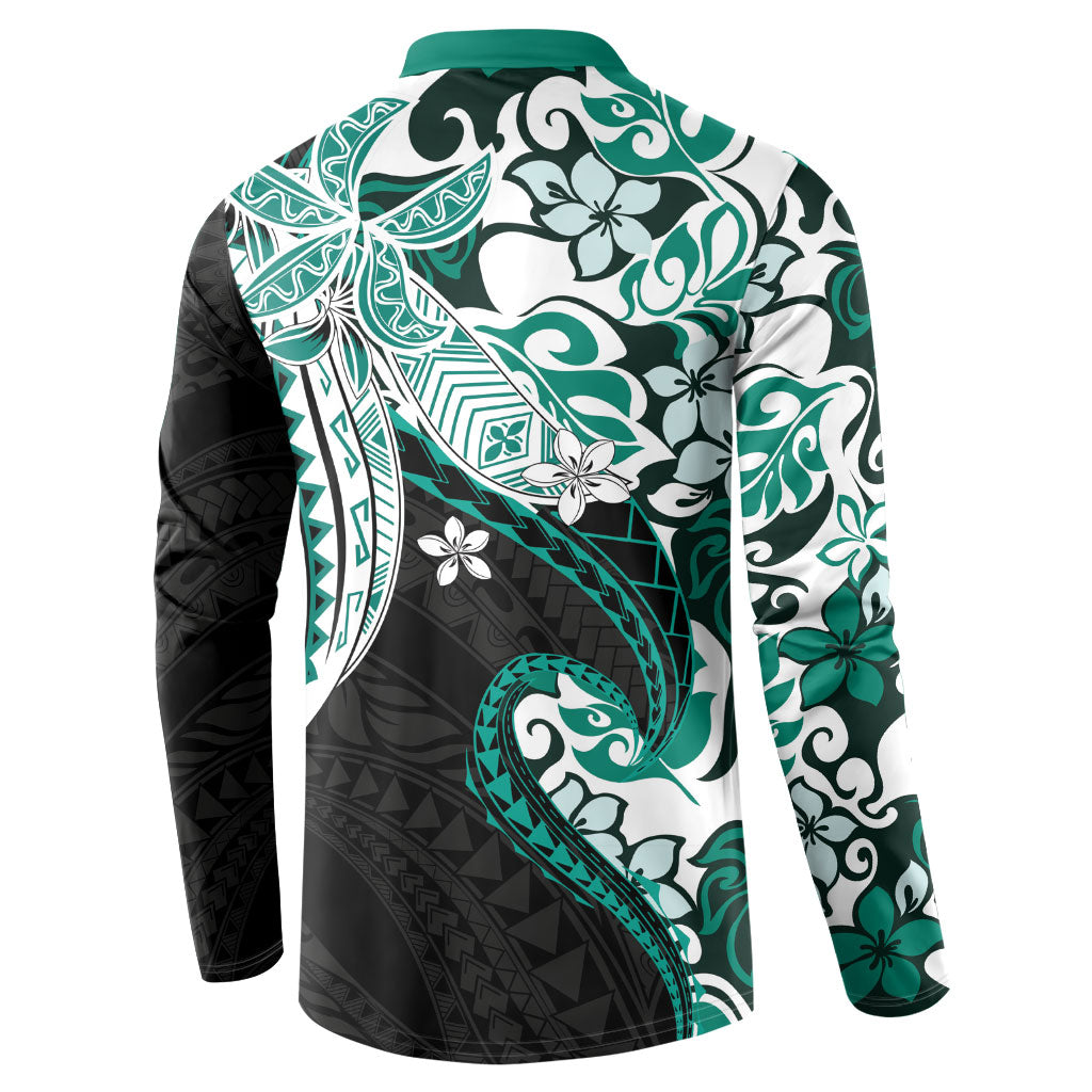 Monstera Plumeria Flowers Teal Button Sweatshirt Polynesian Pattern LT01 - Polynesian Pride