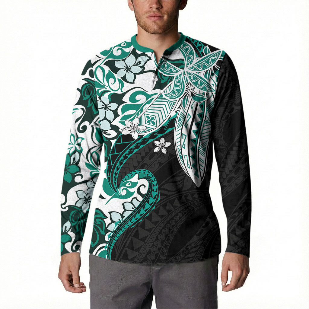 Monstera Plumeria Flowers Teal Button Sweatshirt Polynesian Pattern LT01 - Polynesian Pride
