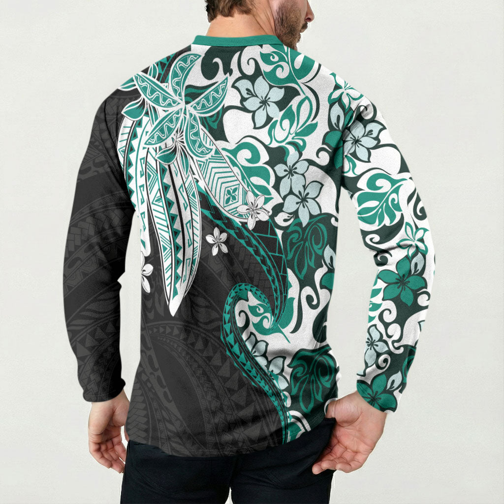 Monstera Plumeria Flowers Teal Button Sweatshirt Polynesian Pattern LT01 - Polynesian Pride