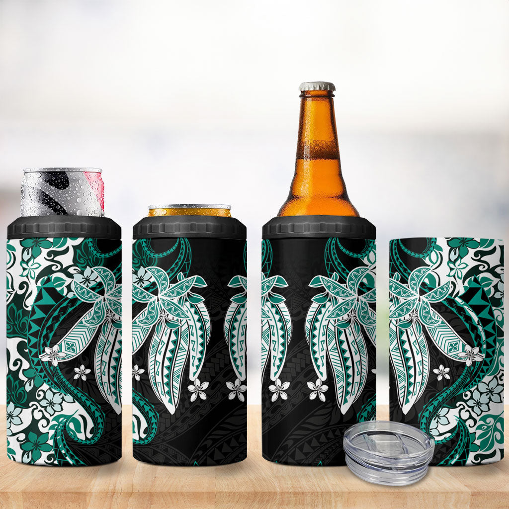 Monstera Plumeria Flowers Teal 4 in 1 Can Cooler Tumbler Polynesian Pattern LT01 - Polynesian Pride