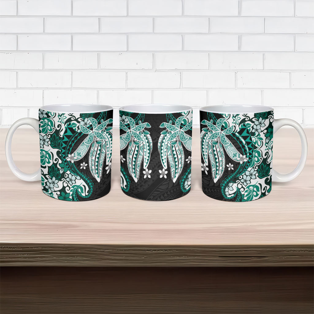 Monstera Plumeria Flowers Teal Ceramic Mug Polynesian Pattern LT01 - Polynesian Pride