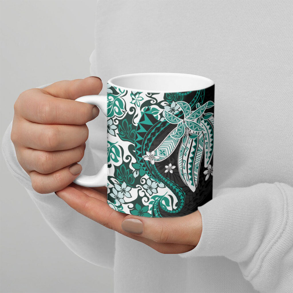Monstera Plumeria Flowers Teal Ceramic Mug Polynesian Pattern LT01 - Polynesian Pride