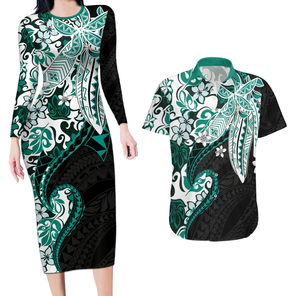 Monstera Plumeria Flowers Teal Couples Matching Long Sleeve Bodycon Dress and Hawaiian Shirt Polynesian Pattern LT01 Teal - Polynesian Pride