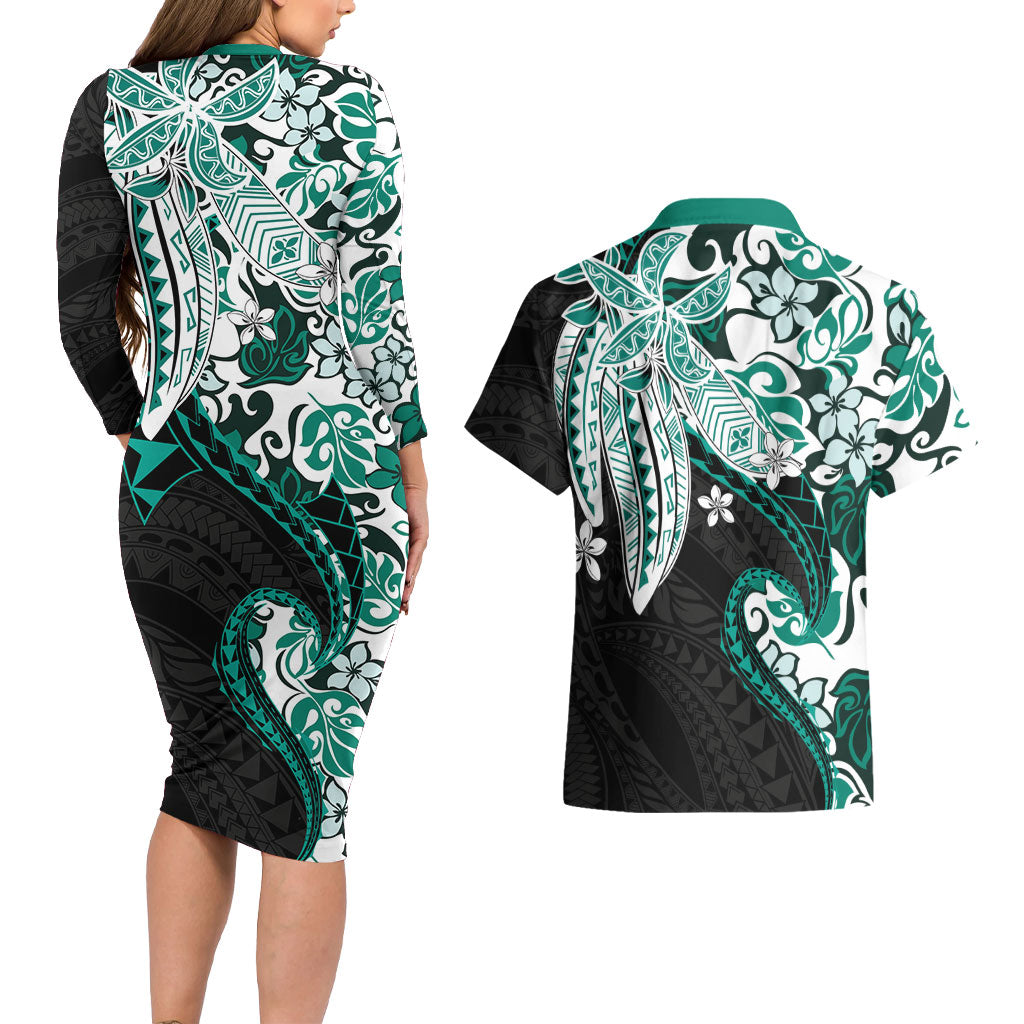 Monstera Plumeria Flowers Teal Couples Matching Long Sleeve Bodycon Dress and Hawaiian Shirt Polynesian Pattern LT01 - Polynesian Pride