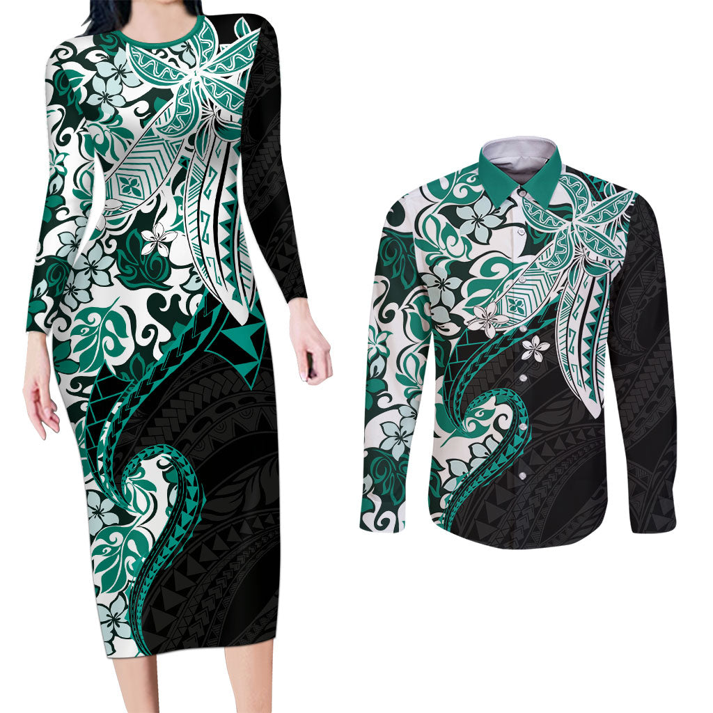 Monstera Plumeria Flowers Teal Couples Matching Long Sleeve Bodycon Dress and Long Sleeve Button Shirt Polynesian Pattern LT01 Teal - Polynesian Pride