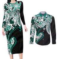 Monstera Plumeria Flowers Teal Couples Matching Long Sleeve Bodycon Dress and Long Sleeve Button Shirt Polynesian Pattern LT01 Teal - Polynesian Pride