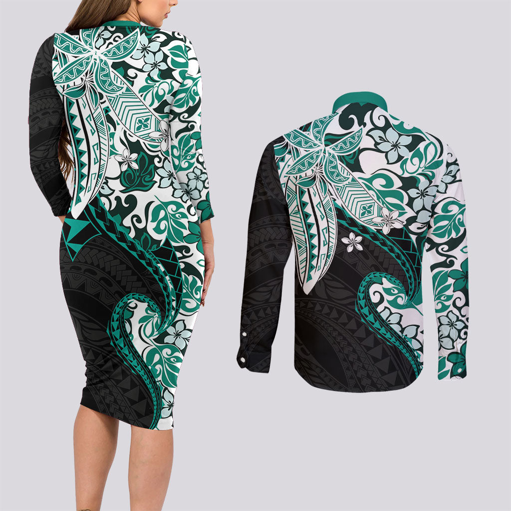 Monstera Plumeria Flowers Teal Couples Matching Long Sleeve Bodycon Dress and Long Sleeve Button Shirt Polynesian Pattern LT01 - Polynesian Pride