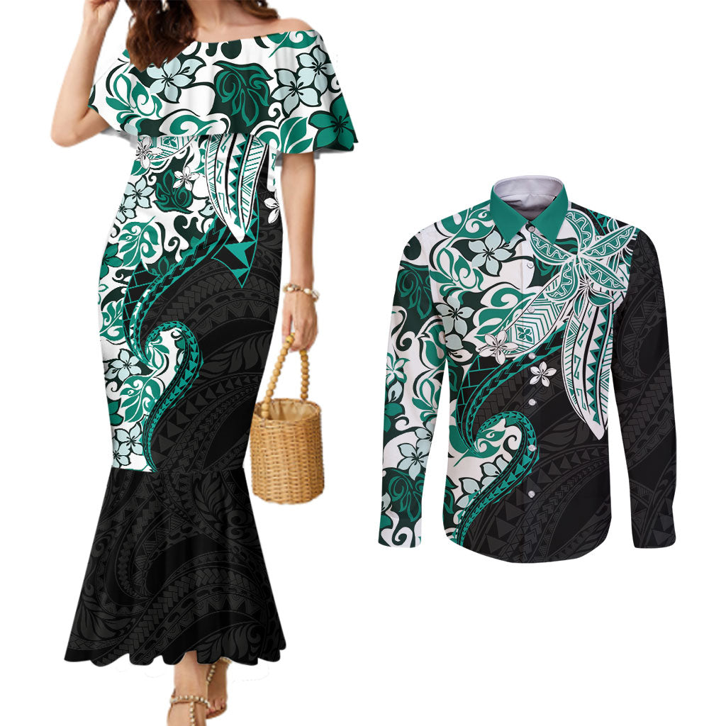 Monstera Plumeria Flowers Teal Couples Matching Mermaid Dress and Long Sleeve Button Shirt Polynesian Pattern LT01 Teal - Polynesian Pride