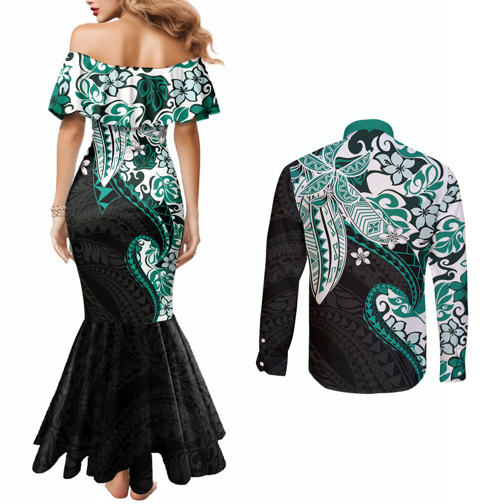 Monstera Plumeria Flowers Teal Couples Matching Mermaid Dress and Long Sleeve Button Shirt Polynesian Pattern LT01 - Polynesian Pride