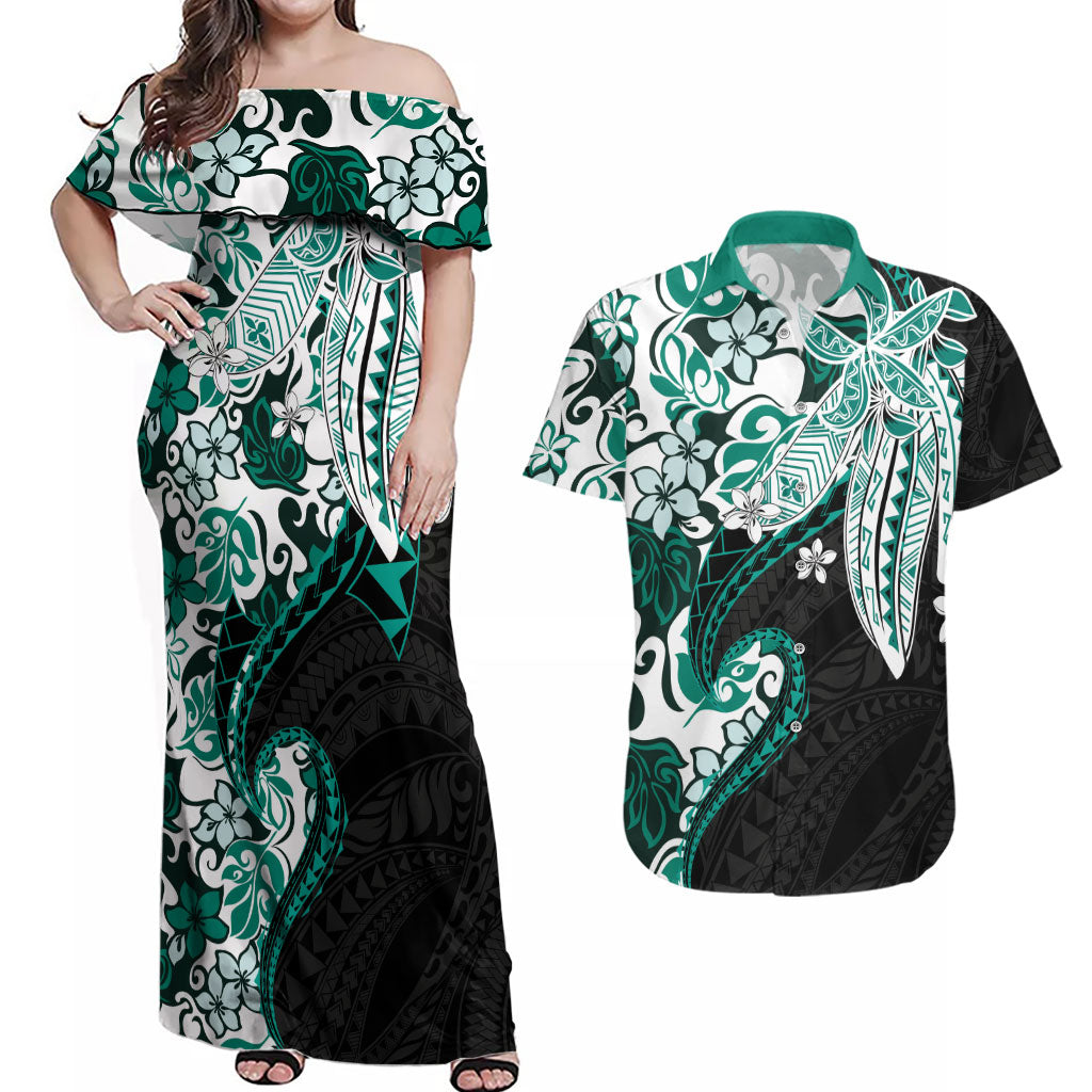 Monstera Plumeria Flowers Teal Couples Matching Off Shoulder Maxi Dress and Hawaiian Shirt Polynesian Pattern LT01 Teal - Polynesian Pride