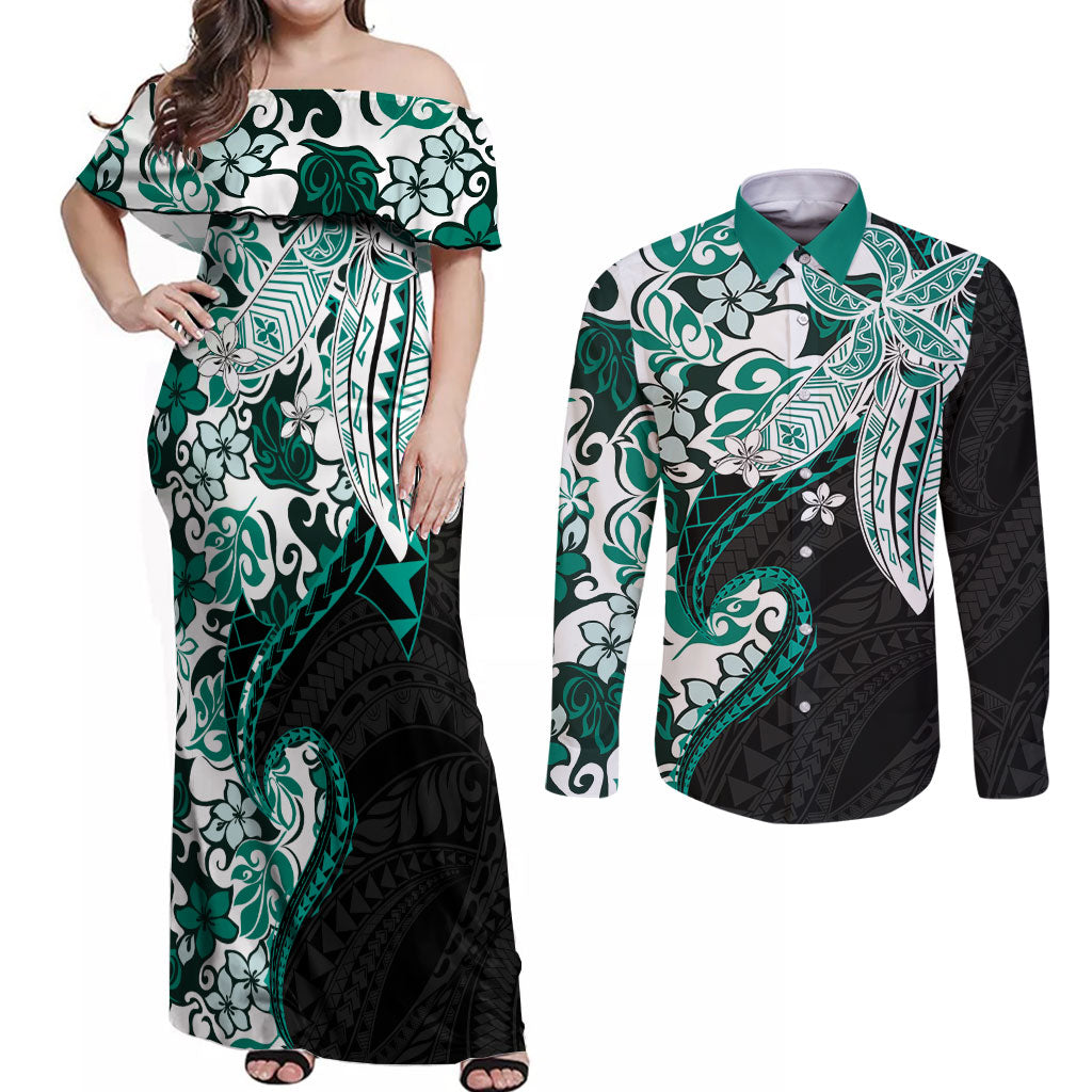 Monstera Plumeria Flowers Teal Couples Matching Off Shoulder Maxi Dress and Long Sleeve Button Shirt Polynesian Pattern LT01 Teal - Polynesian Pride