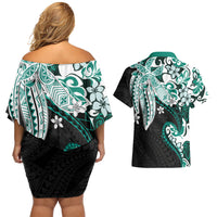 Monstera Plumeria Flowers Teal Couples Matching Off Shoulder Short Dress and Hawaiian Shirt Polynesian Pattern LT01 - Polynesian Pride