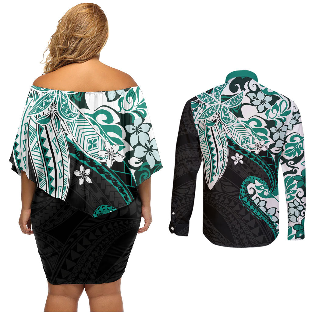 Monstera Plumeria Flowers Teal Couples Matching Off Shoulder Short Dress and Long Sleeve Button Shirt Polynesian Pattern LT01 - Polynesian Pride