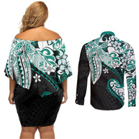 Monstera Plumeria Flowers Teal Couples Matching Off Shoulder Short Dress and Long Sleeve Button Shirt Polynesian Pattern LT01 - Polynesian Pride