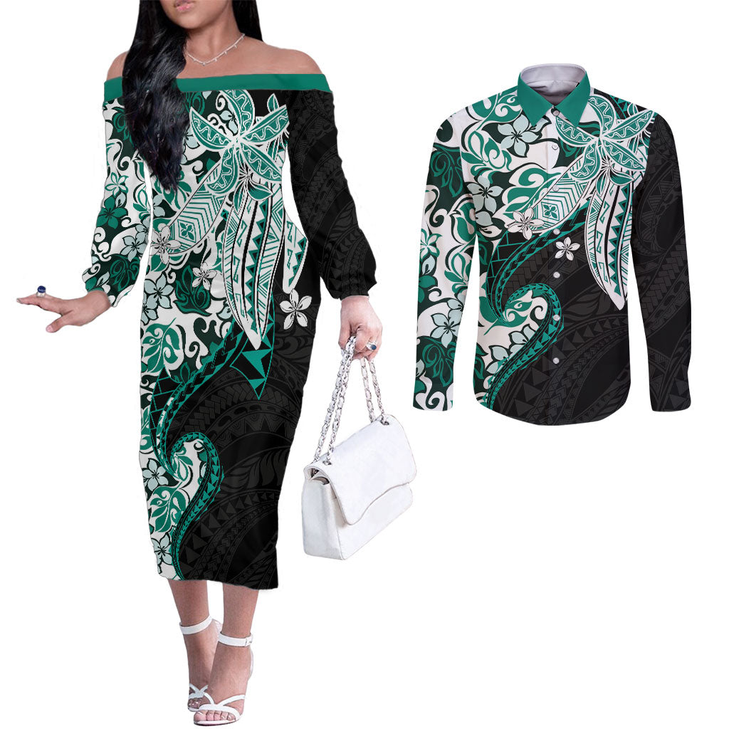 Monstera Plumeria Flowers Teal Couples Matching Off The Shoulder Long Sleeve Dress and Long Sleeve Button Shirt Polynesian Pattern LT01 Teal - Polynesian Pride