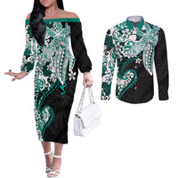 Monstera Plumeria Flowers Teal Couples Matching Off The Shoulder Long Sleeve Dress and Long Sleeve Button Shirt Polynesian Pattern LT01 Teal - Polynesian Pride