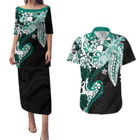 Monstera Plumeria Flowers Teal Couples Matching Puletasi and Hawaiian Shirt Polynesian Pattern LT01 Teal - Polynesian Pride