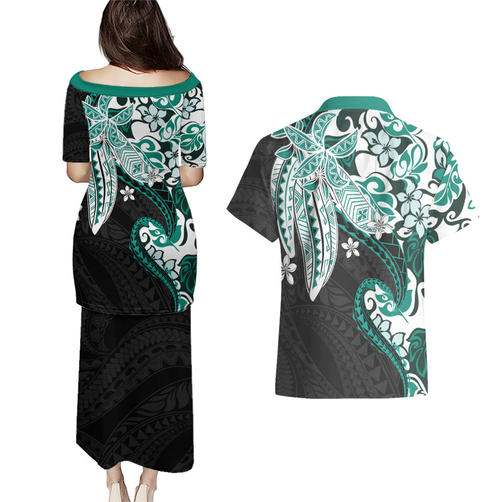 Monstera Plumeria Flowers Teal Couples Matching Puletasi and Hawaiian Shirt Polynesian Pattern LT01 - Polynesian Pride