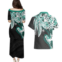Monstera Plumeria Flowers Teal Couples Matching Puletasi and Hawaiian Shirt Polynesian Pattern LT01 - Polynesian Pride