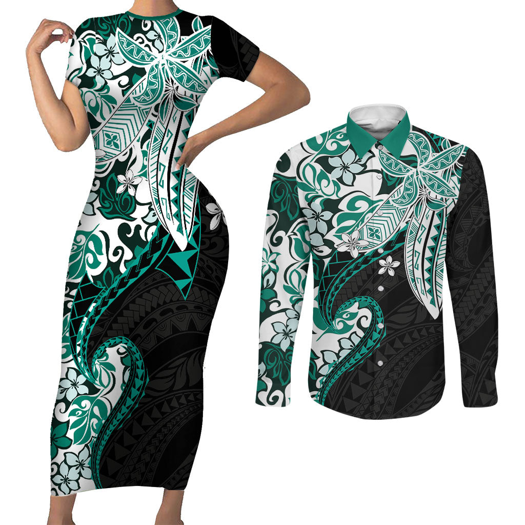 Monstera Plumeria Flowers Teal Couples Matching Short Sleeve Bodycon Dress and Long Sleeve Button Shirt Polynesian Pattern LT01 Teal - Polynesian Pride