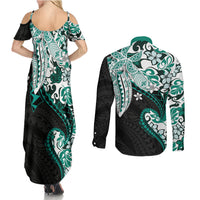 Monstera Plumeria Flowers Teal Couples Matching Summer Maxi Dress and Long Sleeve Button Shirt Polynesian Pattern LT01 - Polynesian Pride