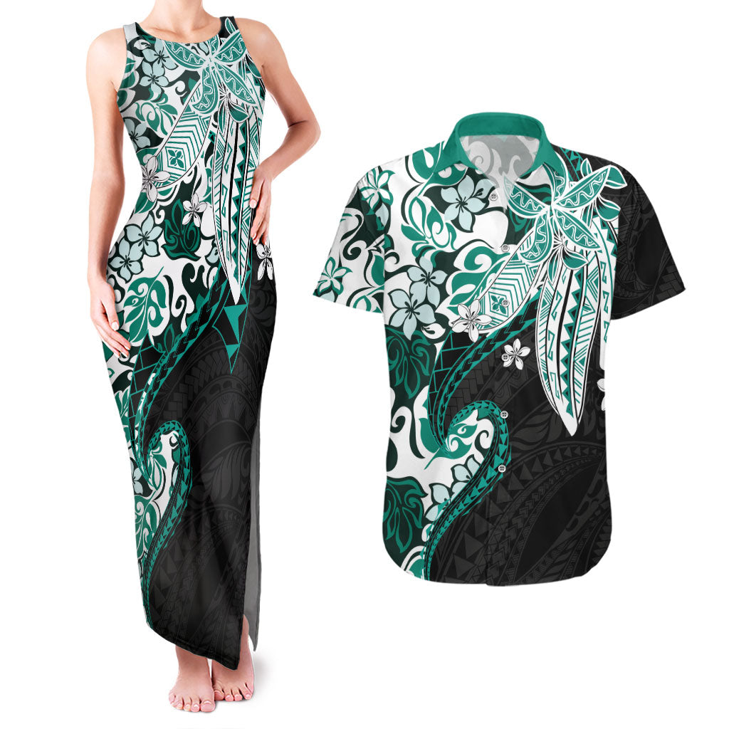 Monstera Plumeria Flowers Teal Couples Matching Tank Maxi Dress and Hawaiian Shirt Polynesian Pattern LT01 Teal - Polynesian Pride