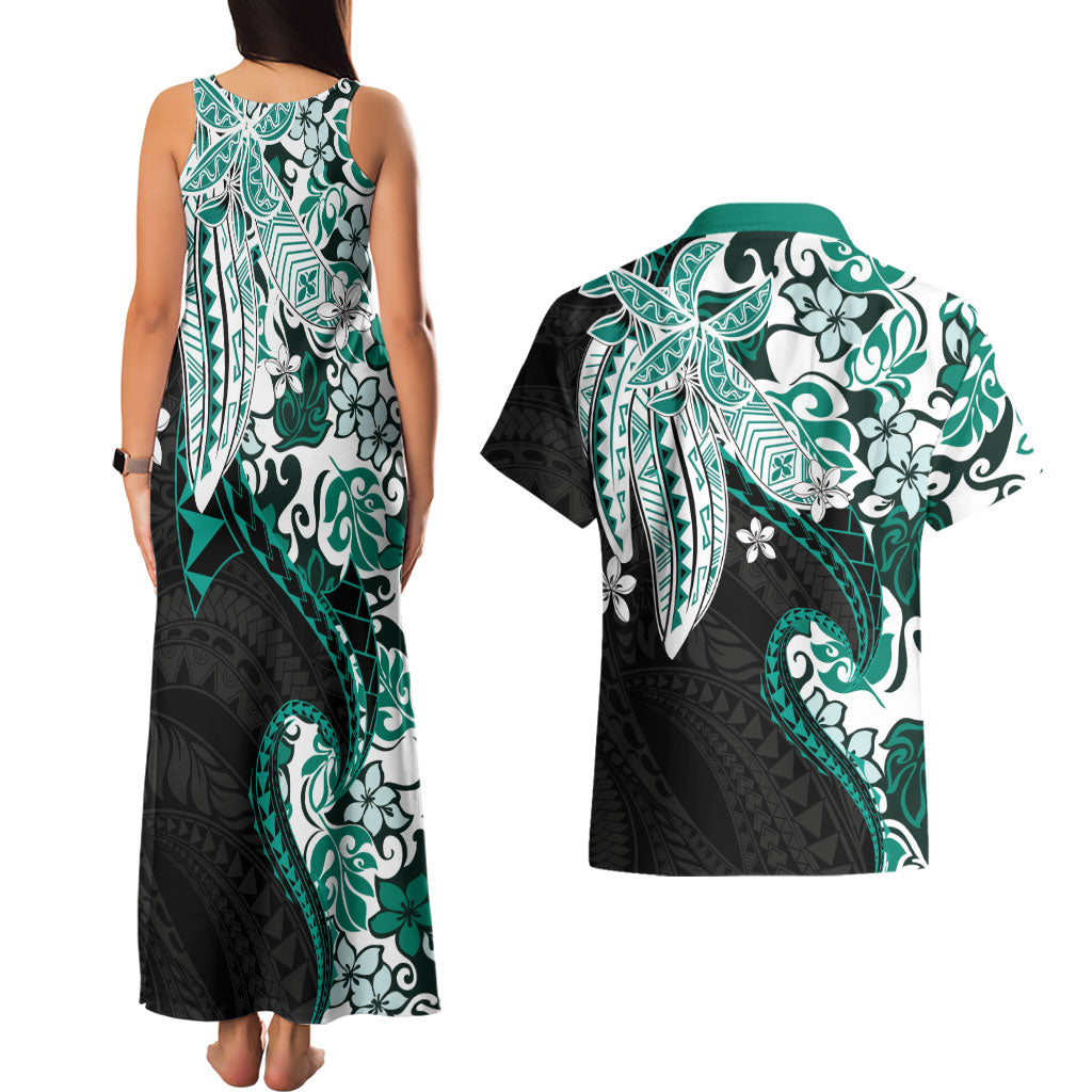Monstera Plumeria Flowers Teal Couples Matching Tank Maxi Dress and Hawaiian Shirt Polynesian Pattern LT01 - Polynesian Pride