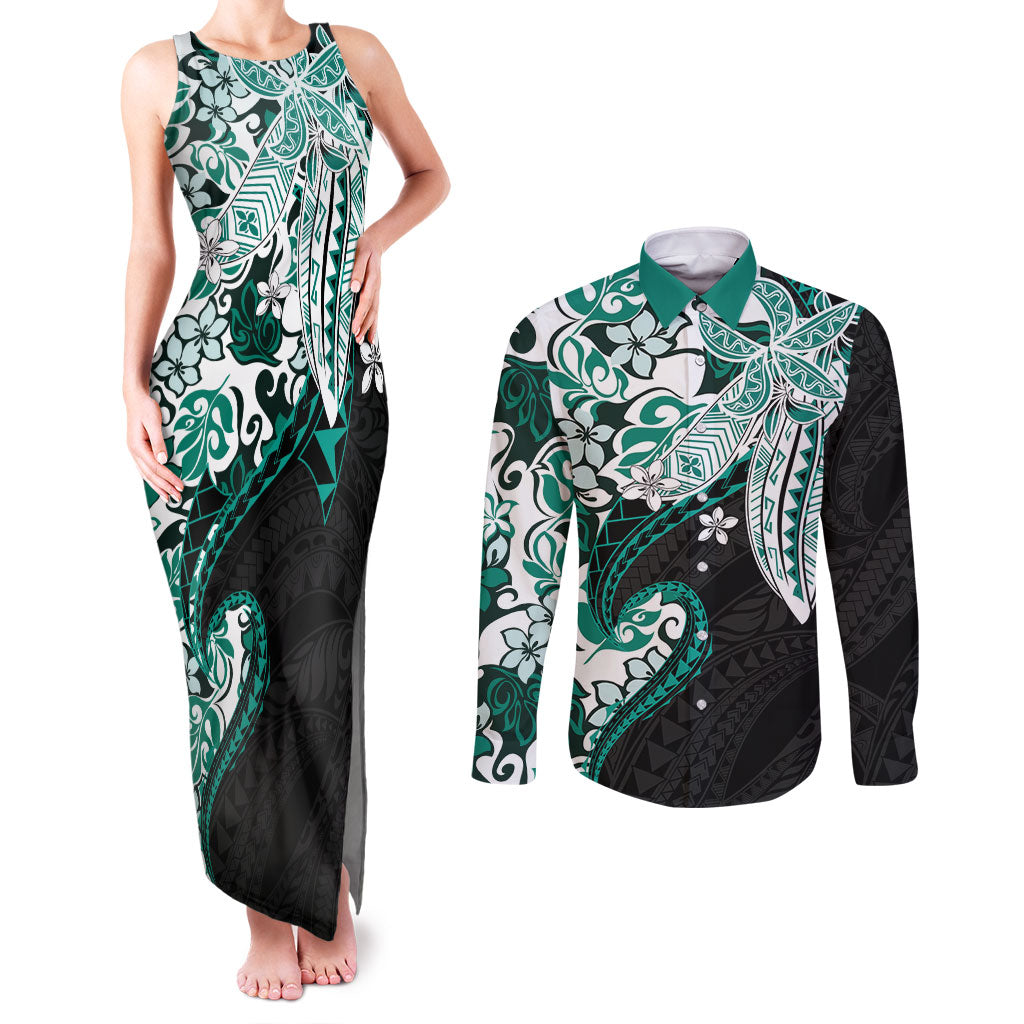 Monstera Plumeria Flowers Teal Couples Matching Tank Maxi Dress and Long Sleeve Button Shirt Polynesian Pattern LT01 Teal - Polynesian Pride