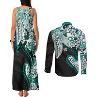 Monstera Plumeria Flowers Teal Couples Matching Tank Maxi Dress and Long Sleeve Button Shirt Polynesian Pattern LT01 - Polynesian Pride