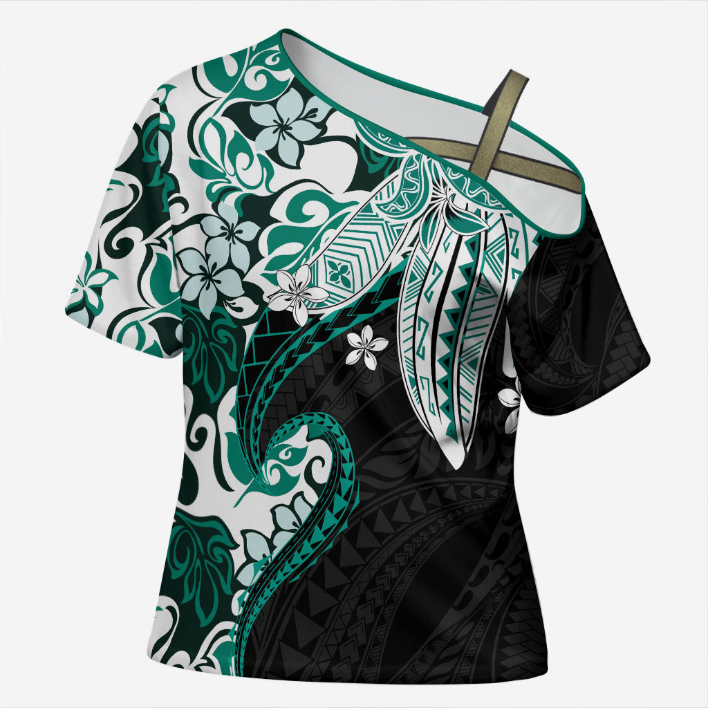 Monstera Plumeria Flowers Teal Cross Shoulder Shirt Polynesian Pattern LT01 Female Teal - Polynesian Pride