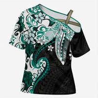 Monstera Plumeria Flowers Teal Cross Shoulder Shirt Polynesian Pattern LT01 Female Teal - Polynesian Pride